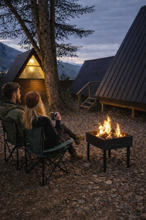 Вечерняя зона отдыха у костра рядом с A-frame домиком «Грань».